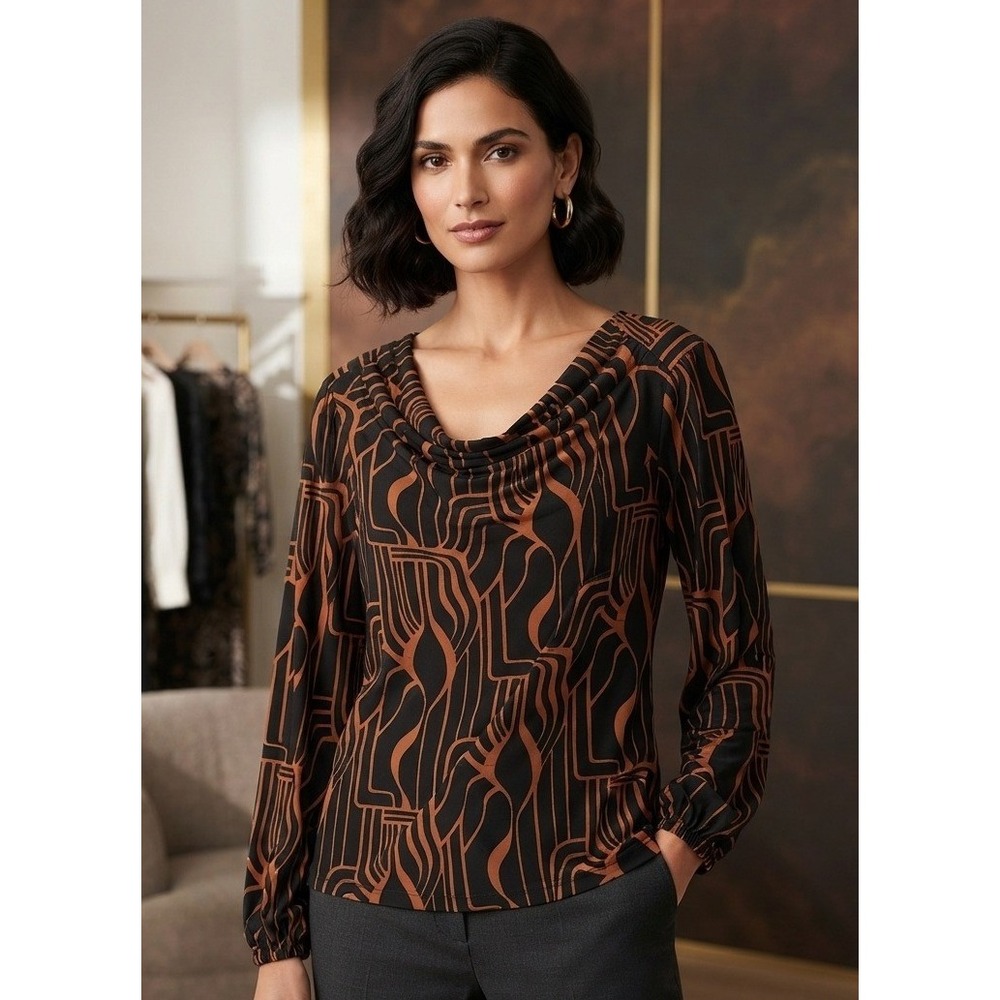 Susan Graver Liquid Knit Cowl Neck Geometric Top Women's L Amber Black Blouson